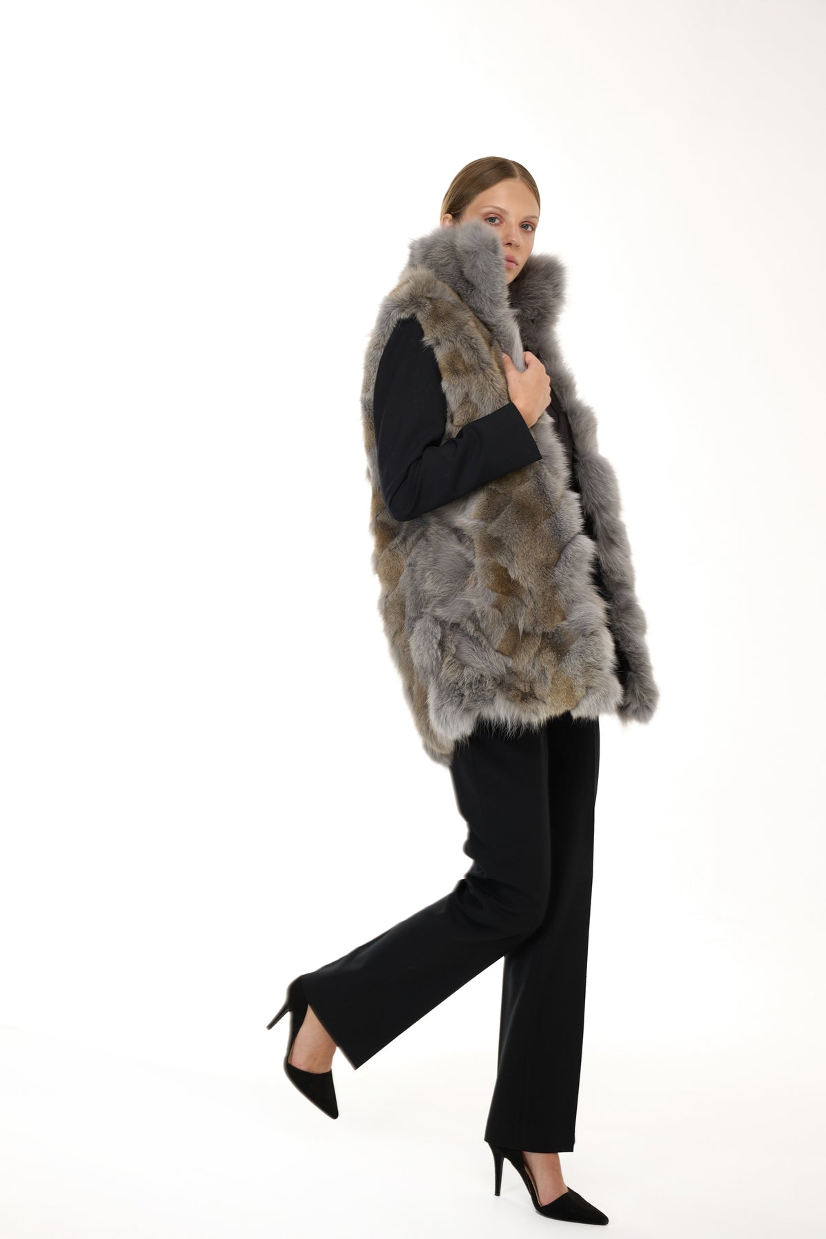 Parka x-long Elegant GREY con Collo Alto e Gilet in pelliccia Removibile
