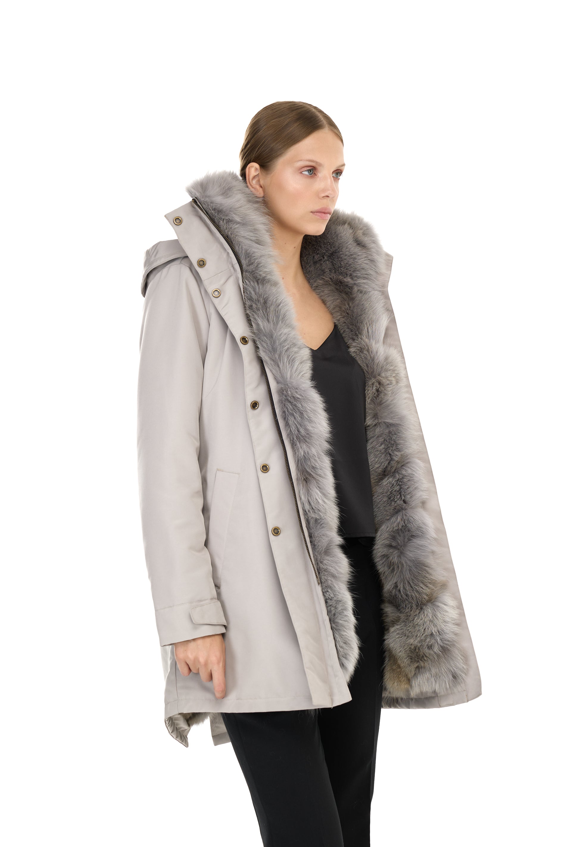 Parka Elegant GREY con Collo Alto e Gilet in pelliccia Removibile