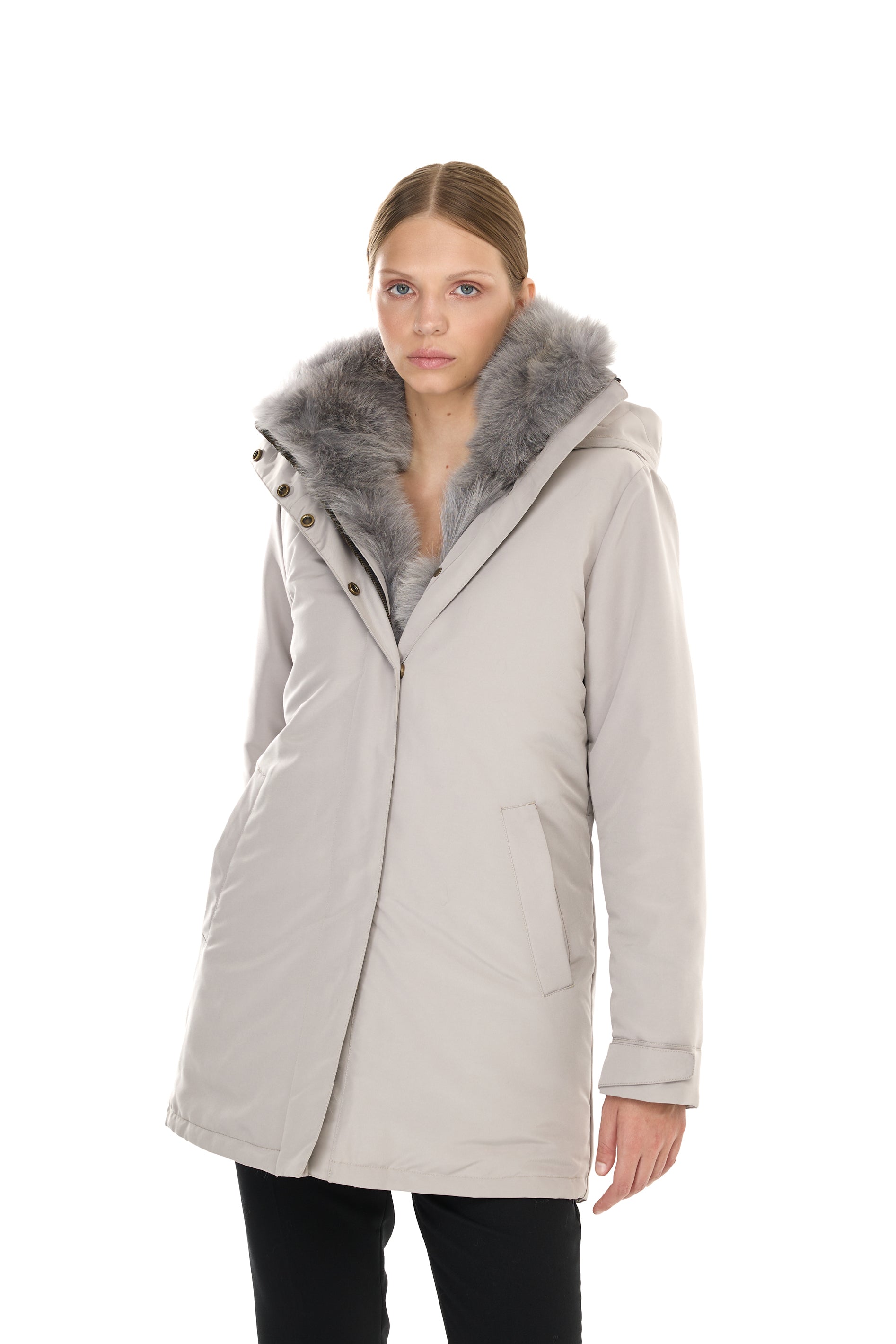 Parka Elegant GREY con Collo Alto e Gilet in pelliccia Removibile