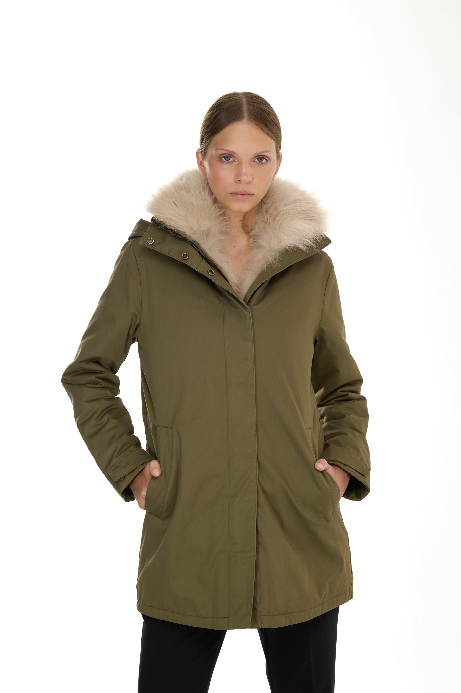 Parka Elegant BEIGE con Collo Alto e Gilet in pelliccia Removibile