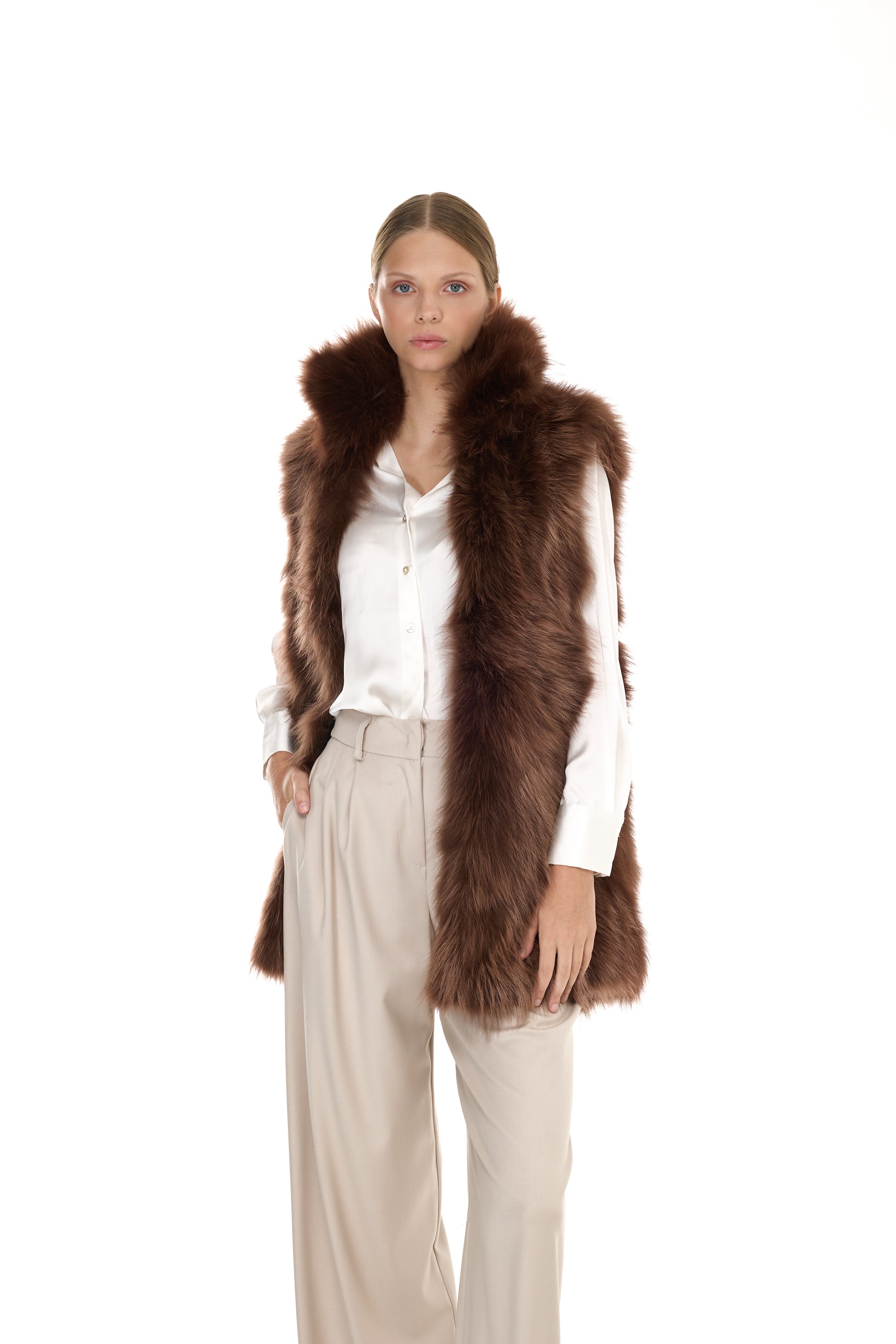 Parka Elegant BROWN con Collo Alto e Gilet in pelliccia Removibile