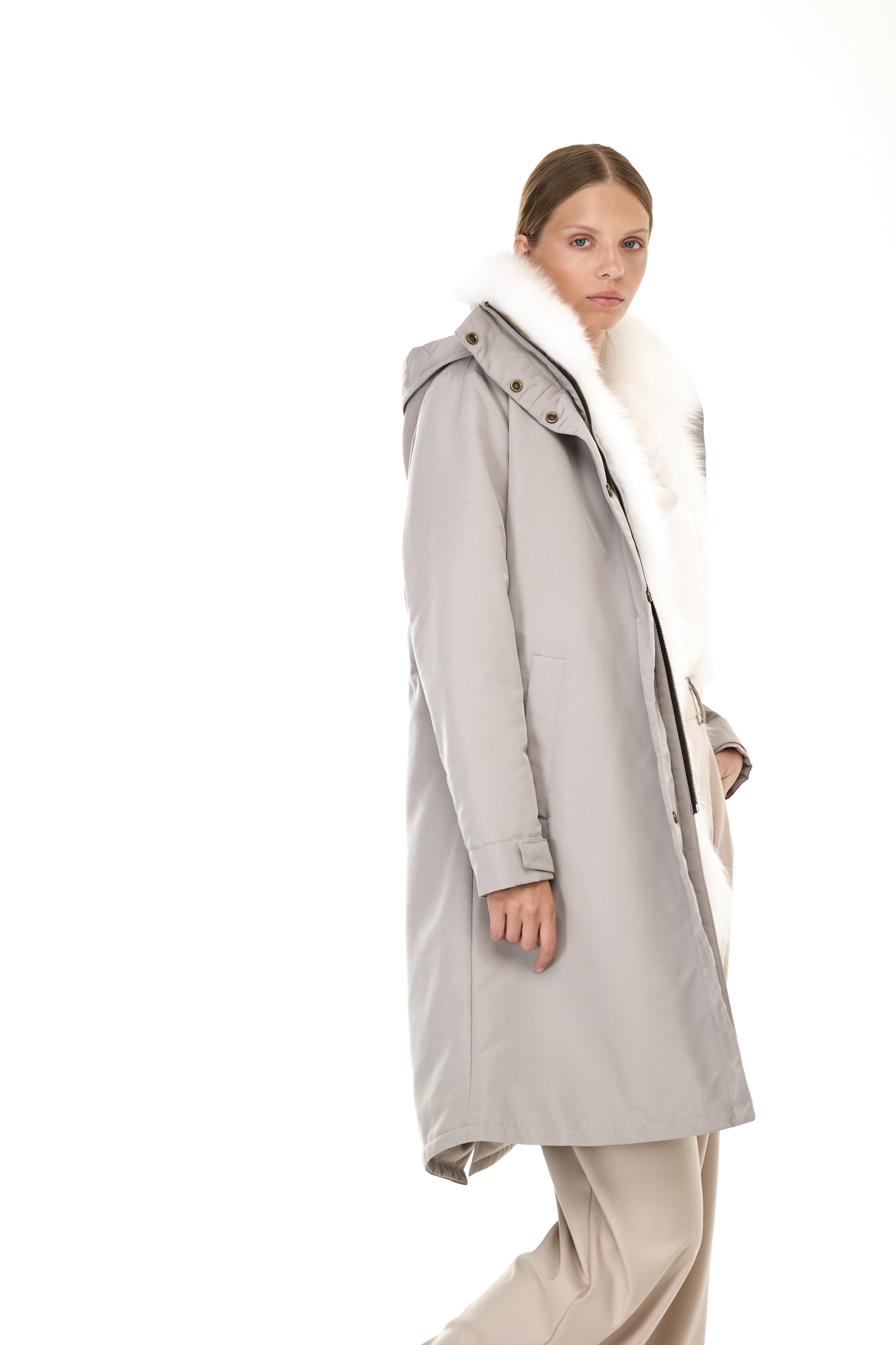 Parka X-Long Elegant WHITE FOX  con Collo Alto e Gilet in pelliccia Removibile