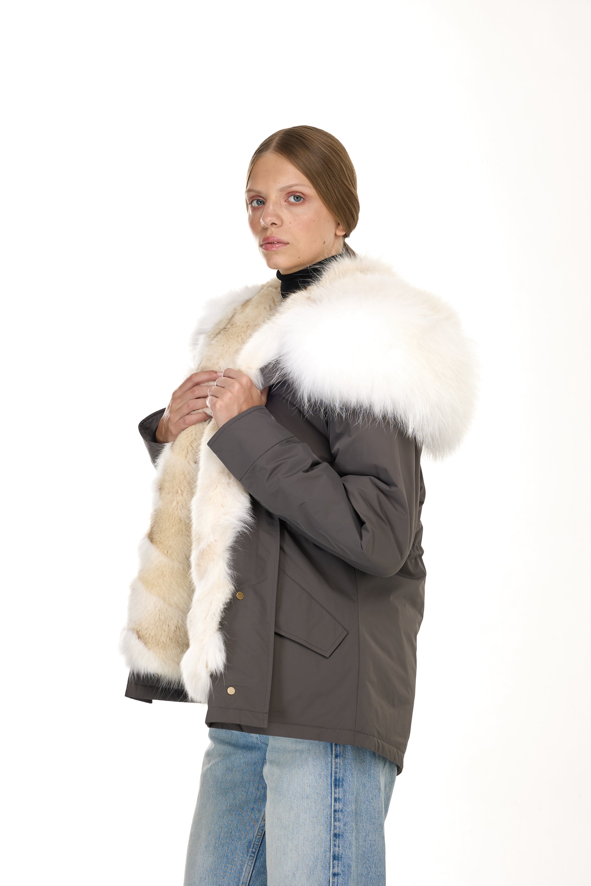 Parka short Urban WHITE in Misto Cotone Impermeabile con Gilet in coyote