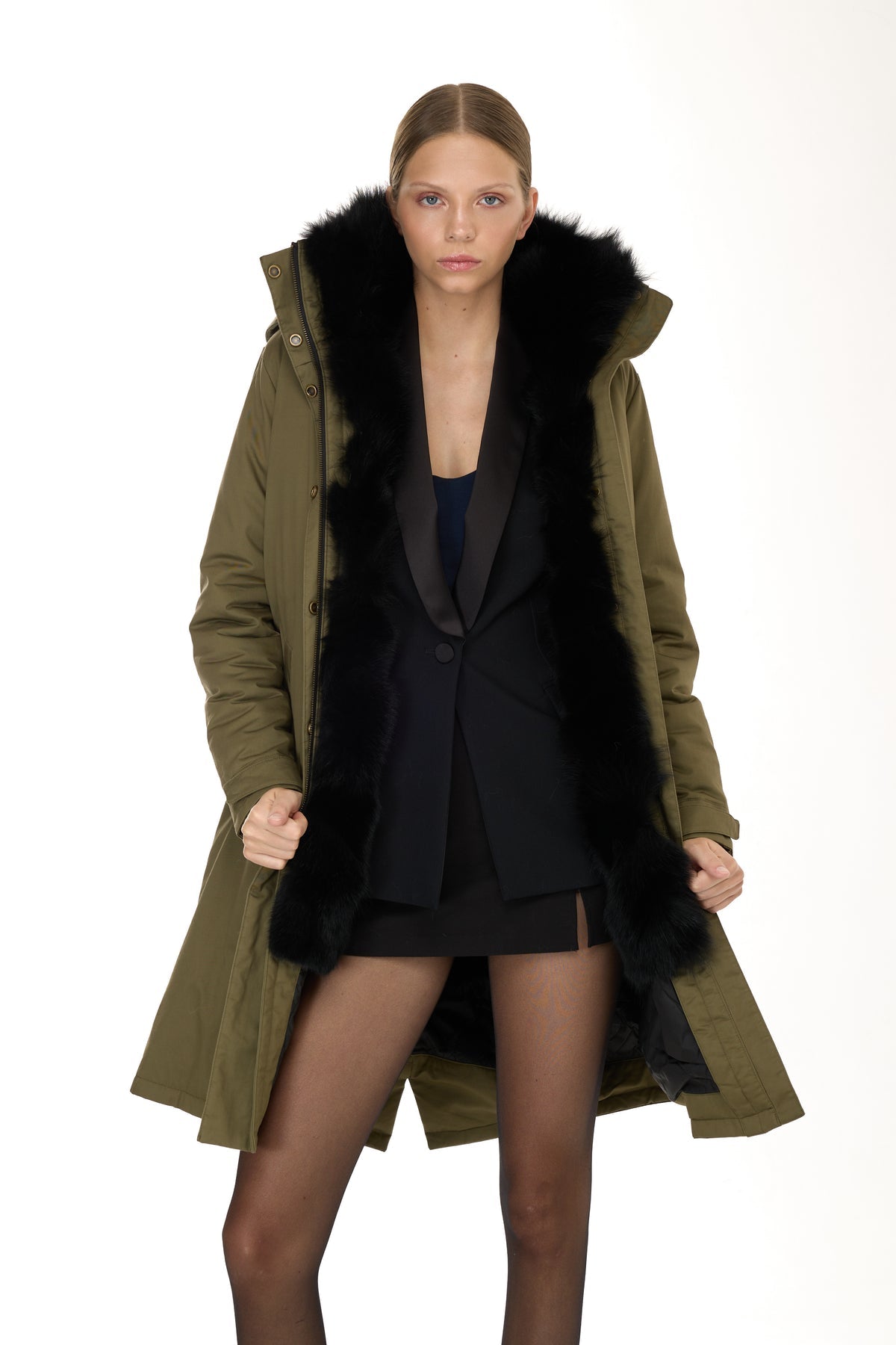 Parka x-long Elegant BLACK con Collo Alto e Gilet in pelliccia Removibile