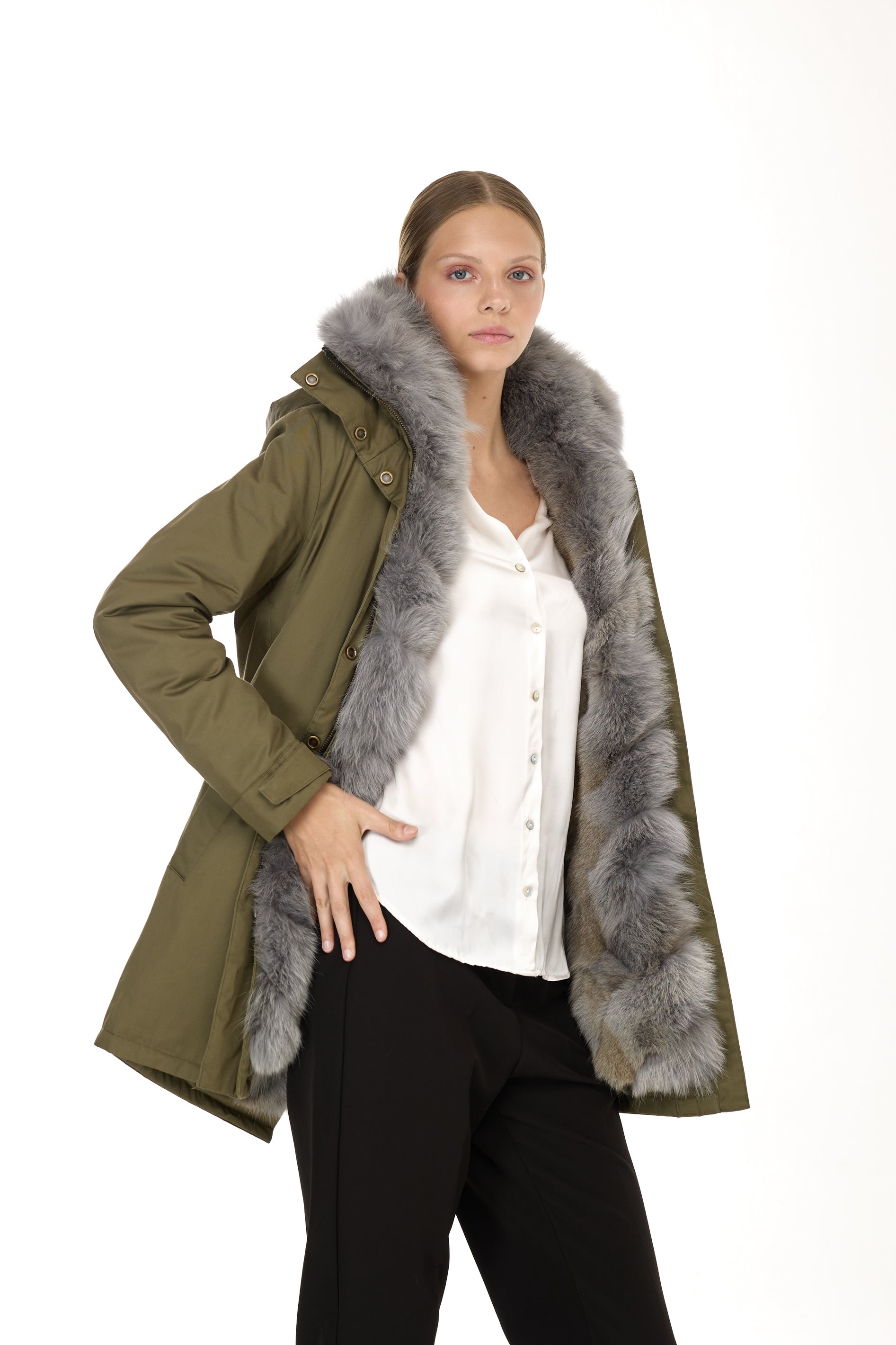 Parka Elegant GREY con Collo Alto e Gilet in pelliccia Removibile