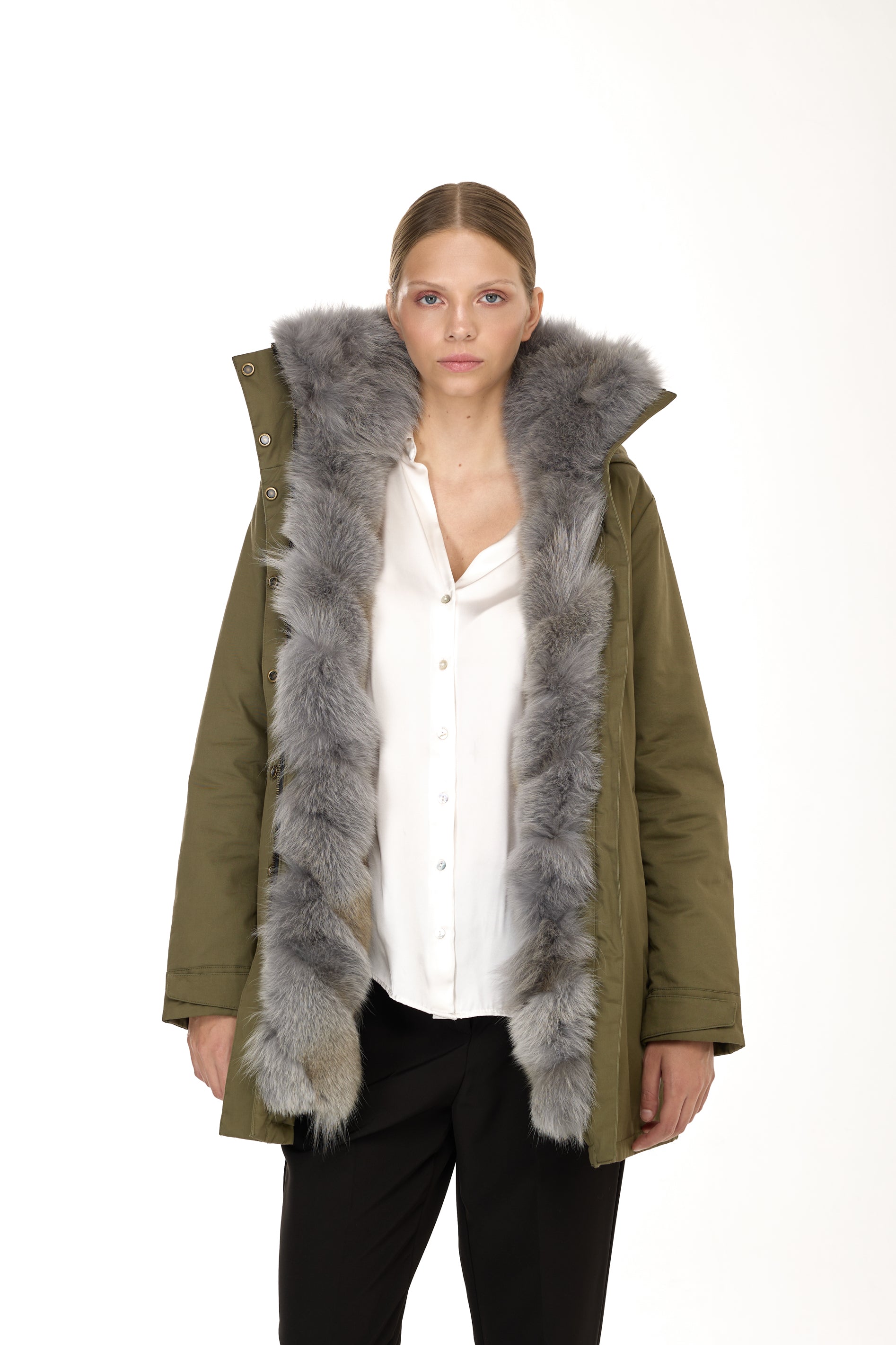 Parka Elegant GREY con Collo Alto e Gilet in pelliccia Removibile
