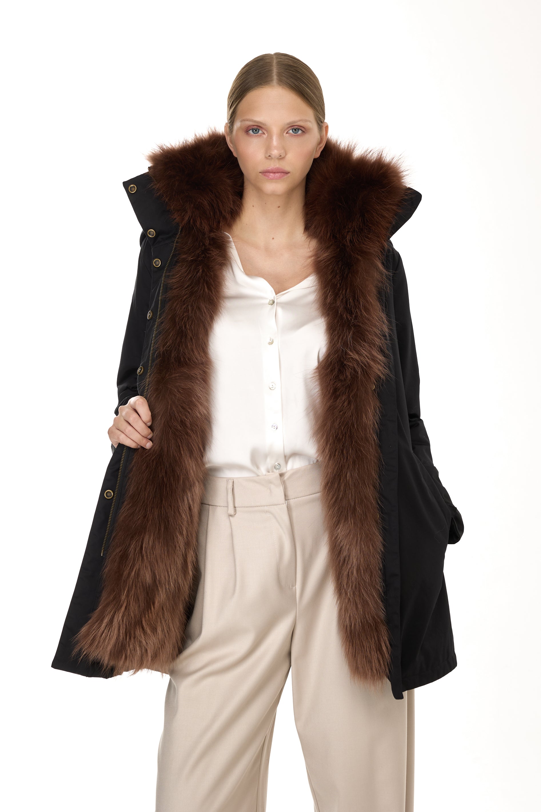 Parka Elegant BROWN con Collo Alto e Gilet in pelliccia Removibile