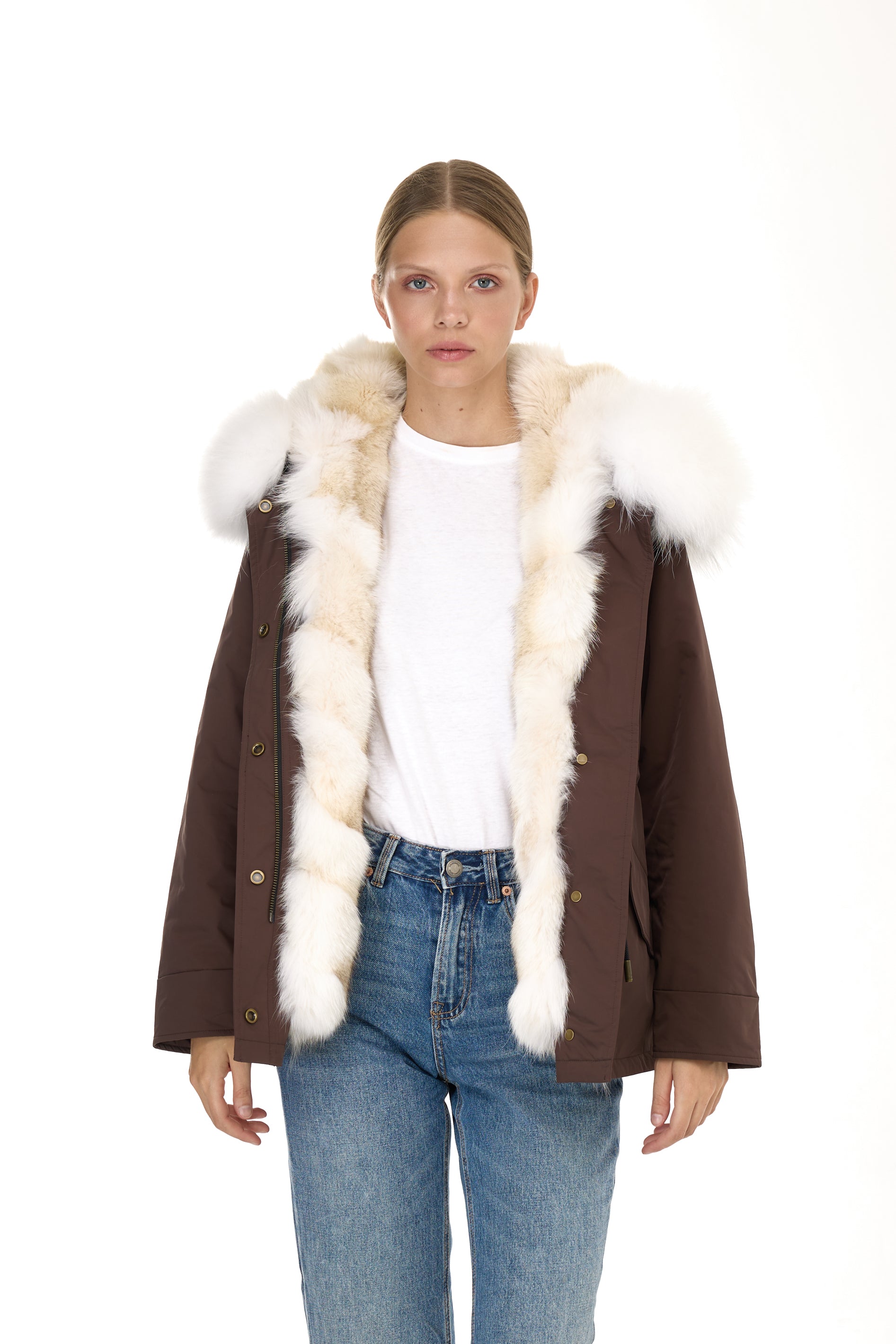 Parka short Urban WHITE in Misto Cotone Impermeabile con Gilet in coyote